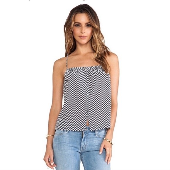 Amour Vert Dolly Silk Tank Top Chevron White Black Button Front Herringbone - Picture 1 of 14